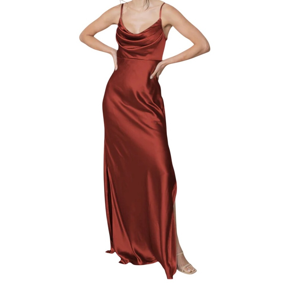 REVELRY SKYE SATIN DRESS Rust/Bronze COCKTAIL WEDDING Cowl Drape Neck Column 14